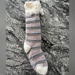 Cozy Striped Gray and Cream Women's Slipper Socks with Sherpa lining.